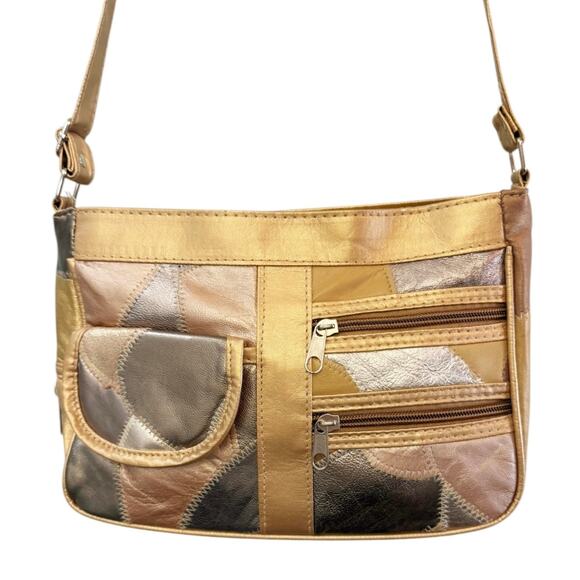 Lambskin Leather Shoulder Bag Patches Gold Bronze Metallic Crossbody Handbag EUC - Picture 1 of 10